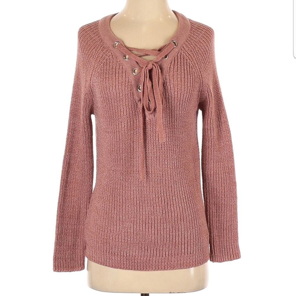 Love Tree Muave Lace Up V Neck Pullover Ribbed Knit Sweater Small